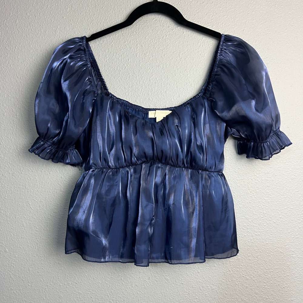 Thirty Thirty L/A Blue Puffโ Milkmaid Sleeve Square Neck Lined Peplum Top Large